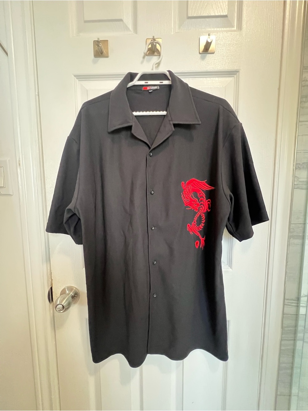 INC International Concepts Black Short-Sleeve Button Shirt with Red Dragon